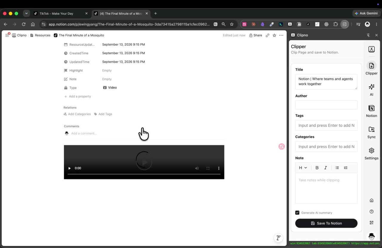 A TikTok video saved to a Notion page as a Video type, with the Clipno panel and Generate AI summary ticked.
