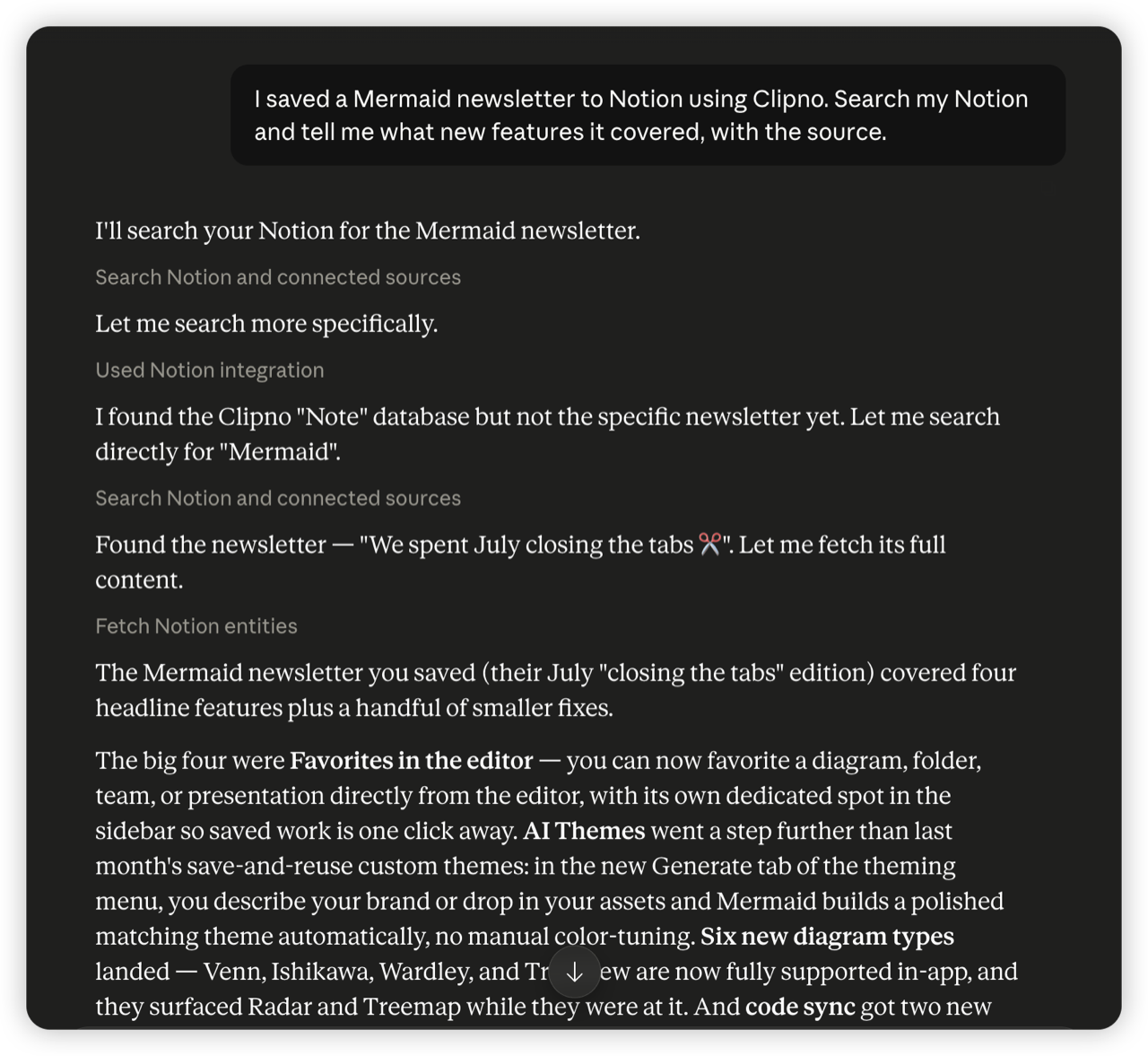 Claude가 Notion을 검색해 Clipno 데이터베이스를 찾고, Clipno로 클리핑한 Mermaid 뉴스레터를 출처와 함께 요약함.
