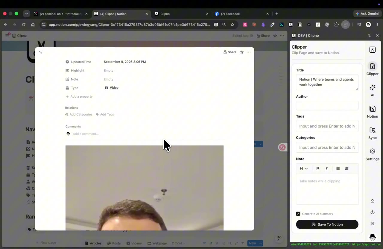 一条 Facebook 视频保存为 Notion 页面(Type=Video),Clipno 面板勾选了 Generate AI summary。