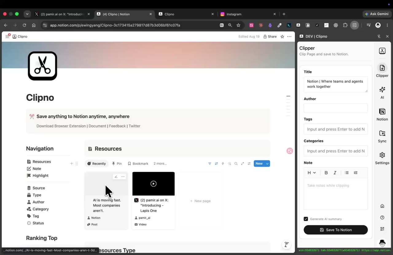 Le panneau Clipno enregistrant un post Instagram dans Notion, avec le clip apparaissant dans une base Notion et Generate AI summary coché.