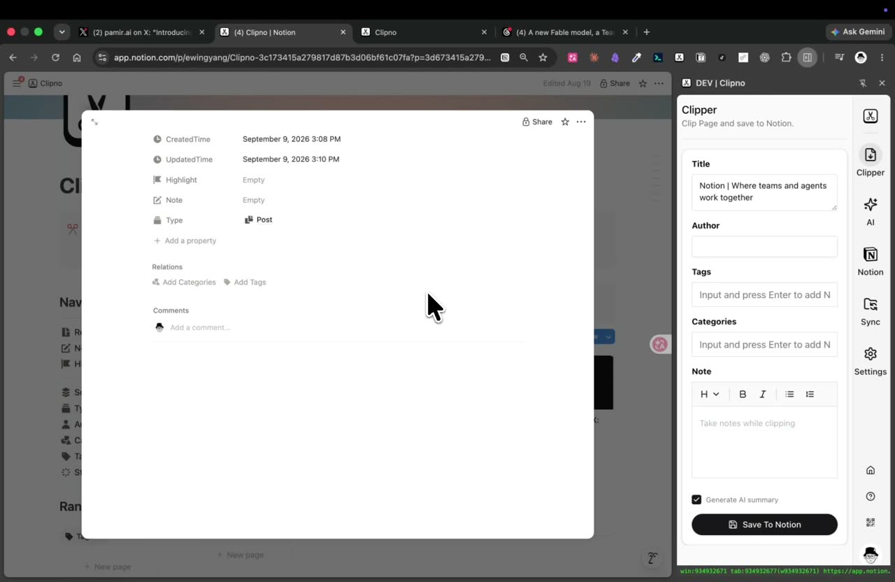 Threads の投稿が Notion ページに Post タイプとして保存され、Clipno パネルにスレッドの AI 要約がある。
